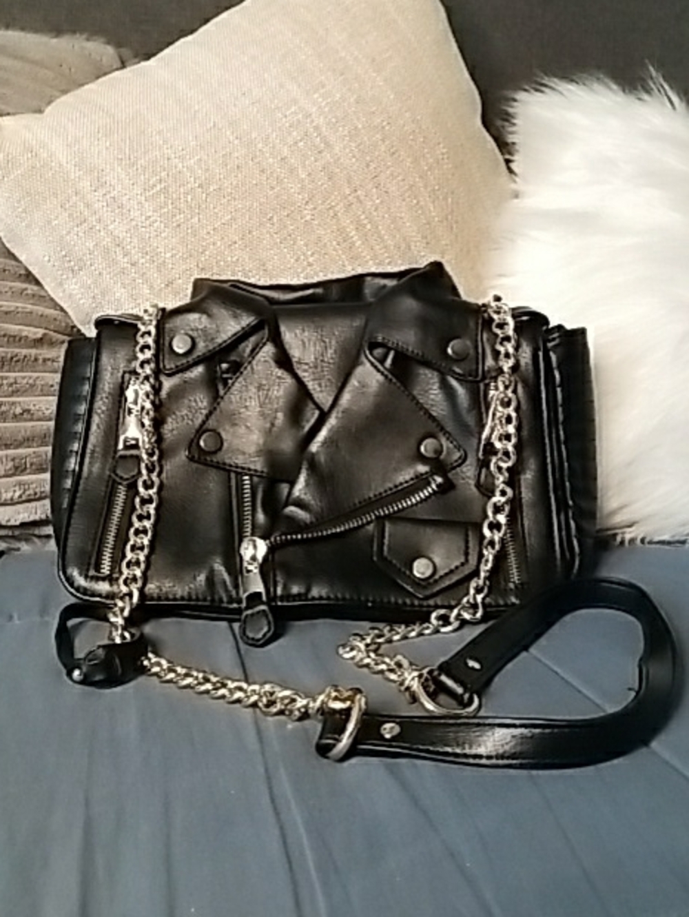 Black Faux-Leather Moto-Style Chain Crossbody Bag